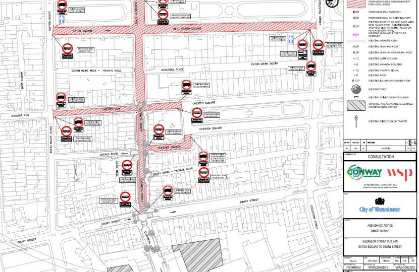 Following a long campaign by your Councillors, the Council is now consulting on a traffic management scheme which would restrict coach use on Chester Row, Chester Square, Eaton Square and Elizabeth Street.